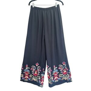 Liv Los Angeles Black Wide Leg Palazzo Pants Medium Floral Embroidery Boho Chic